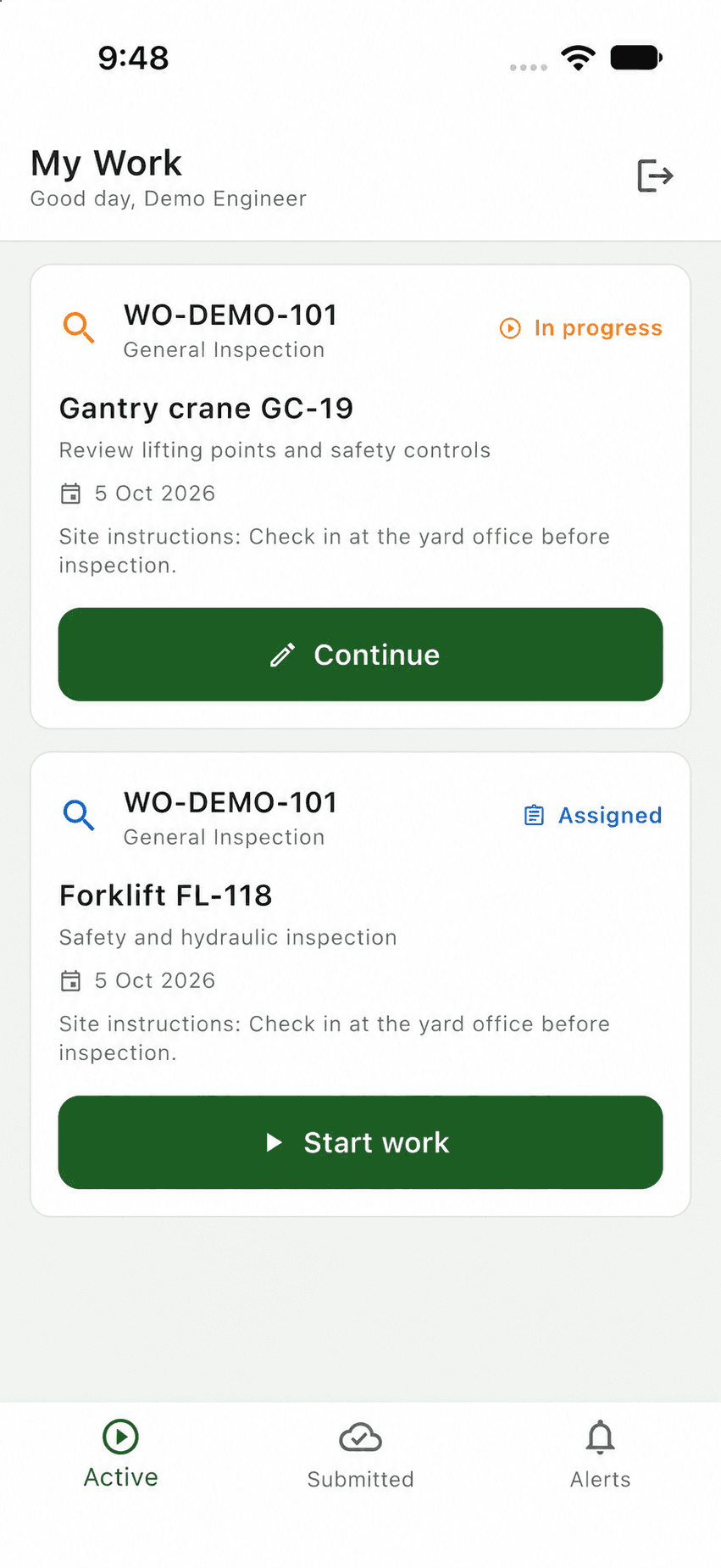 Onyar engineer app showing active inspection assignments with fictional demo data